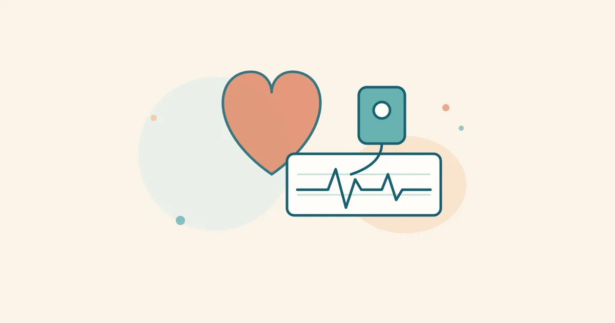 Ilustracija srca uz traku EKG zapisa i mali holter uređaj, bez dijagnostičkih oznaka.