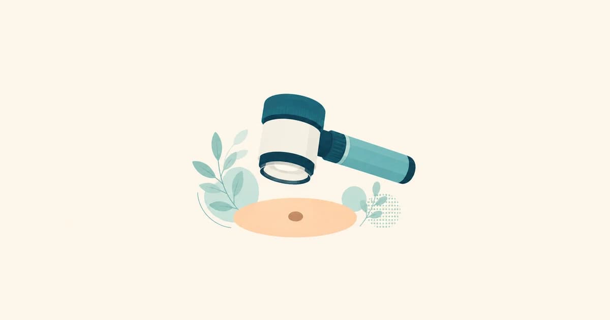 Ilustracija dermatoskopa iznad apstraktne pigmentne promjene na koži bez dijagnostičke oznake.